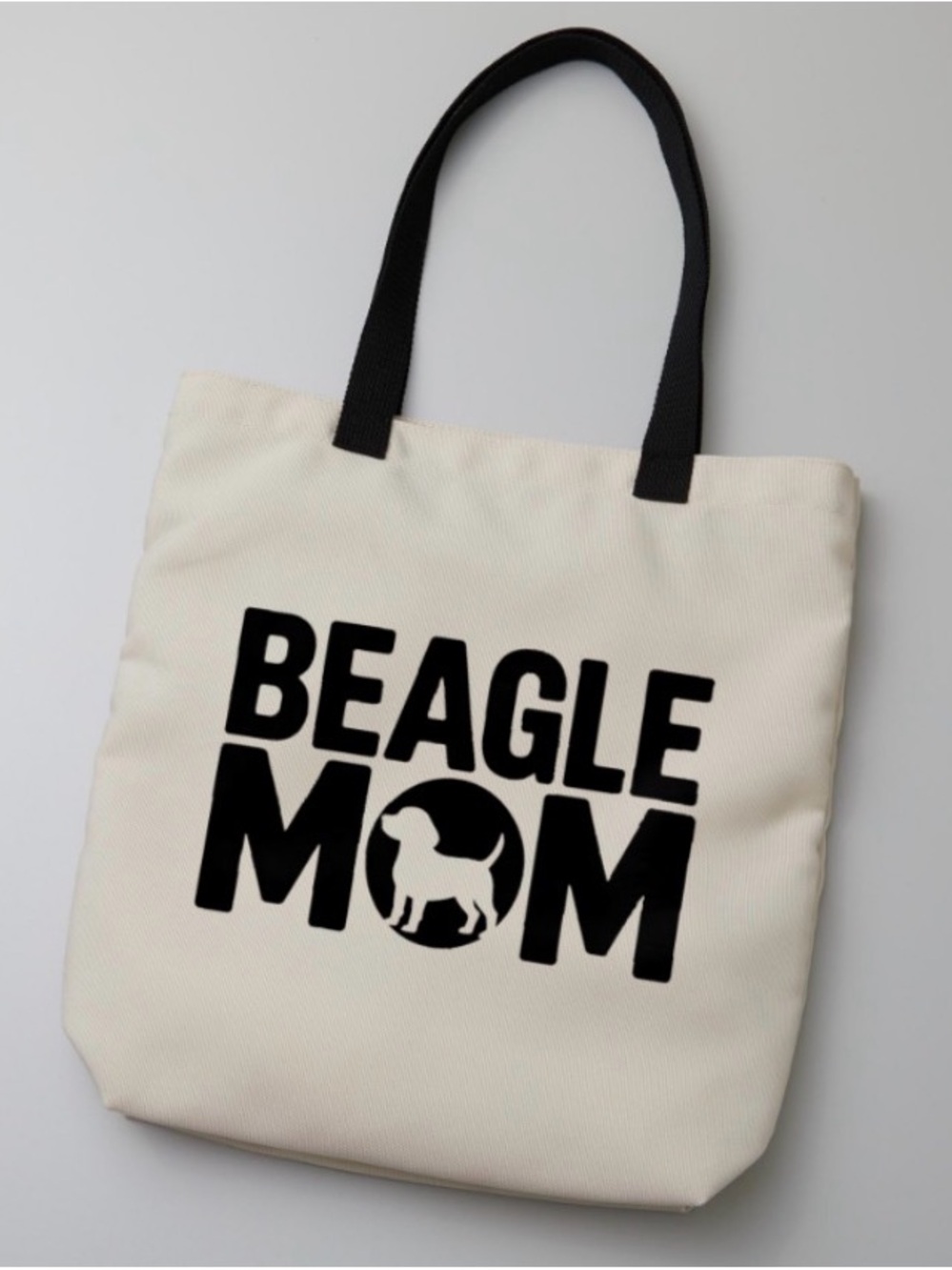 Beagle Mom Canvas Tote Bag in Cream with Black Print 19 in x 14 in